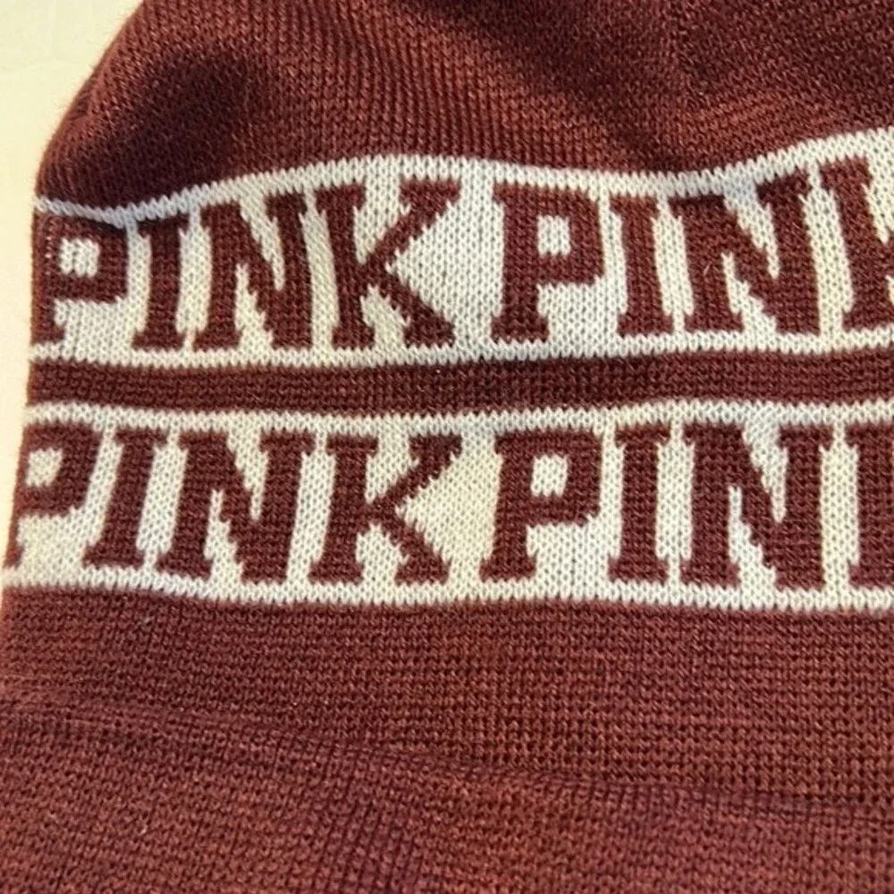 PINK Victoria's Secret Maroon White Beanie Hat Pom Pom OSFM Spell-Out One Size